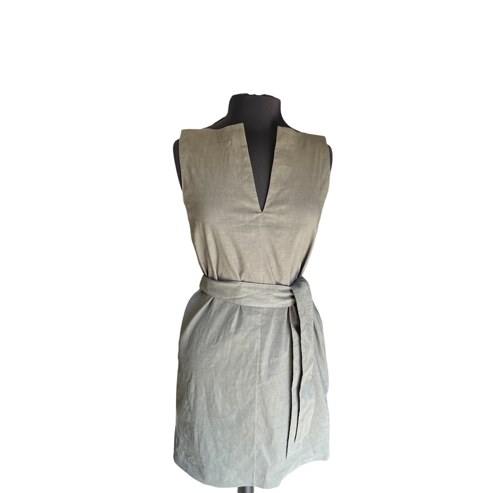 Theory Womens Sage Green Linen Blend V-Neck Belted Sleeveless Shift Dress Size 2